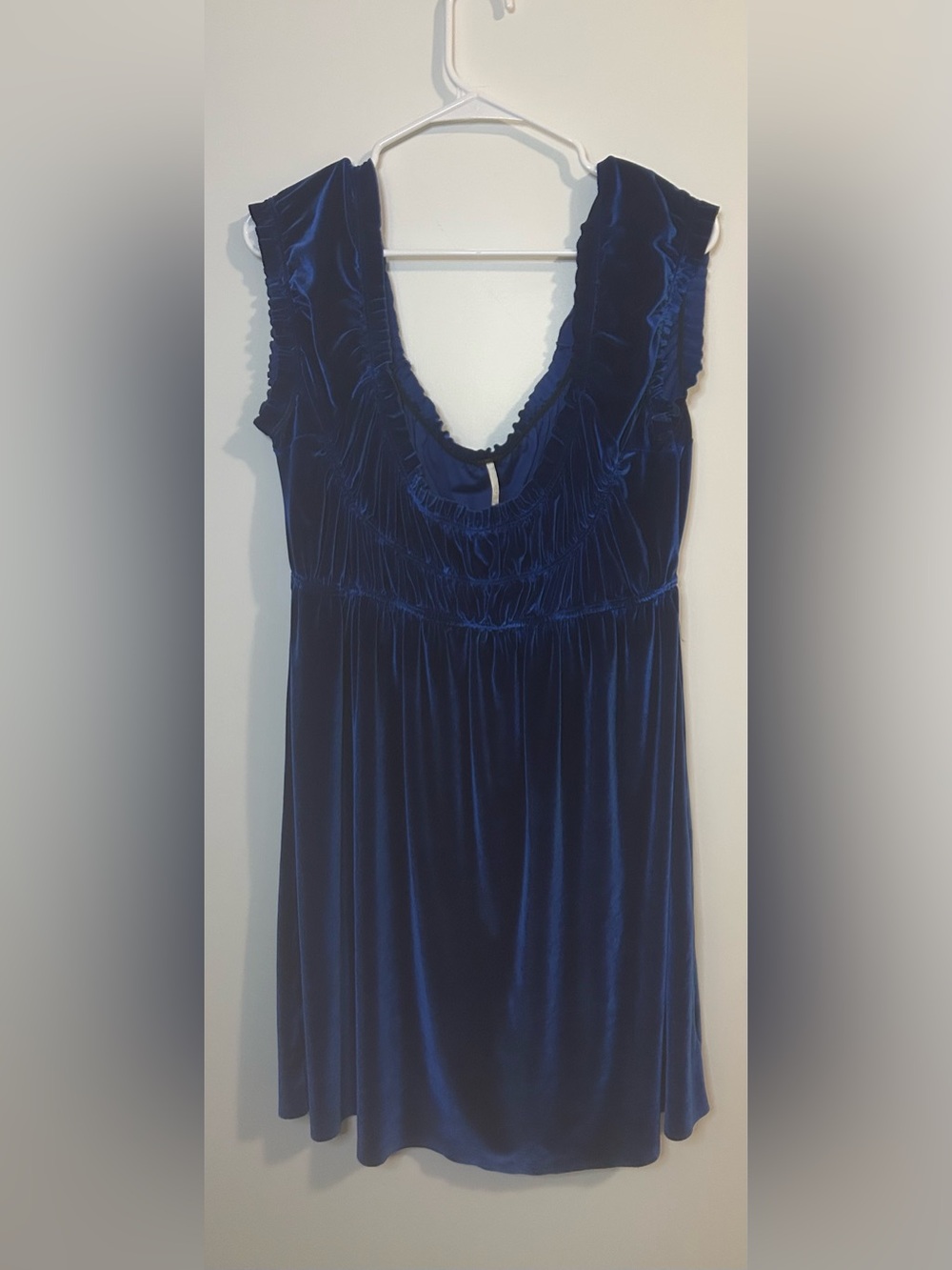 Free People M Velvet Babydoll Dress Royal Blue Ruched Bodice Frilly Cap Sleeves